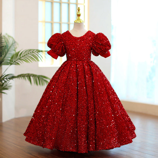 Burgundy Sequined A-Line Flower Girl Dress with Puff Sleeves