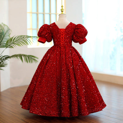 Burgundy Sequined A-Line Flower Girl Dress with Puff Sleeves