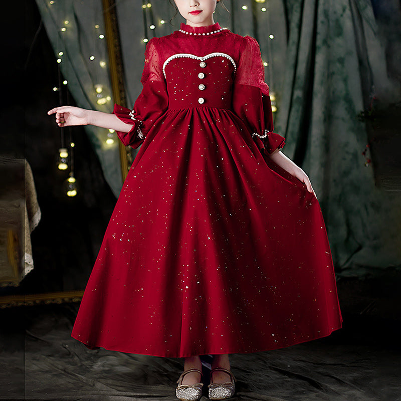 Burgundy Sequined Princess Flower Girl Dress Lace Beaded