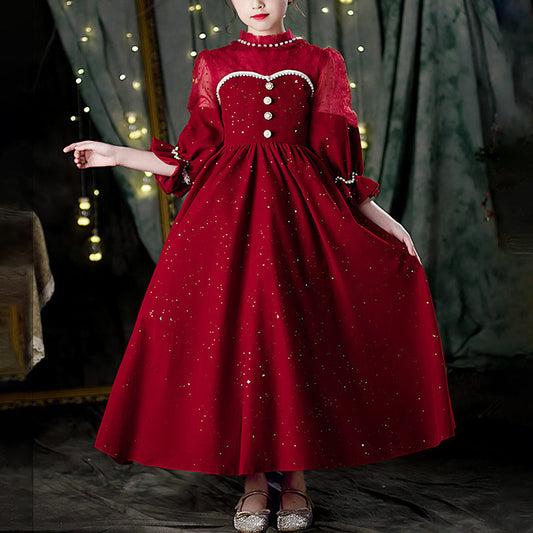 Burgundy Sequined Princess Flower Girl Dress Lace Beaded