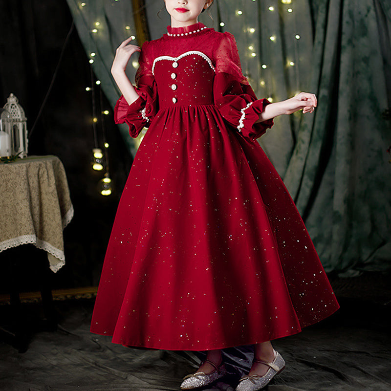 Burgundy Sequined Princess Flower Girl Dress Lace Beaded