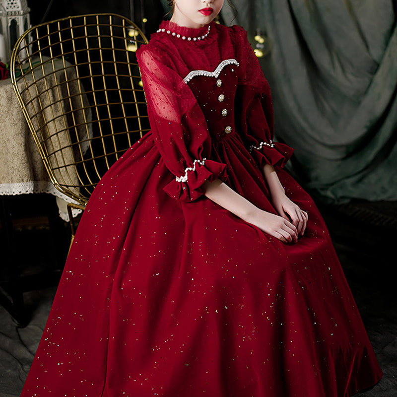 Burgundy Sequined Princess Flower Girl Dress Lace Beaded
