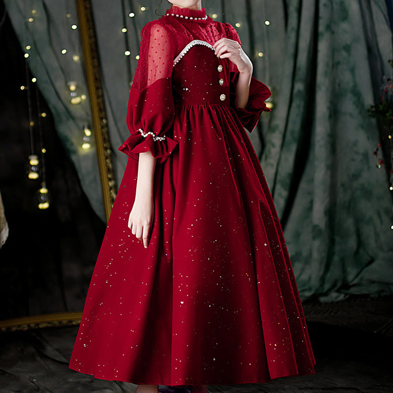 Burgundy Sequined Princess Flower Girl Dress Lace Beaded