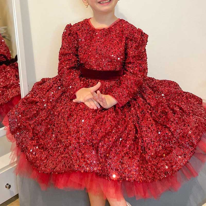 Burgundy Sequined Princess Flower Girl Dress Long Sleeve