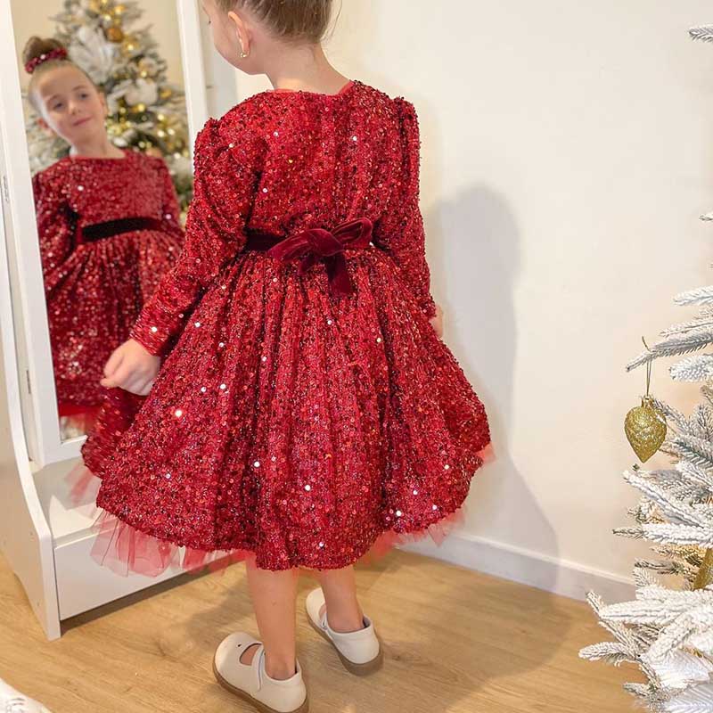 Burgundy Sequined Princess Flower Girl Dress Long Sleeve
