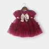 Burgundy Tulle A-Line Flower Girl Dress Bow Bell Sleeves
