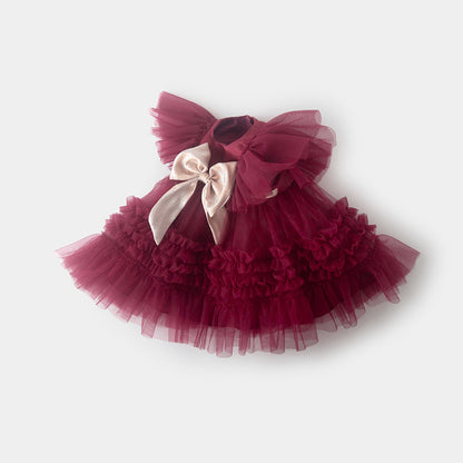 Burgundy Tulle A-Line Flower Girl Dress Bow Bell Sleeves