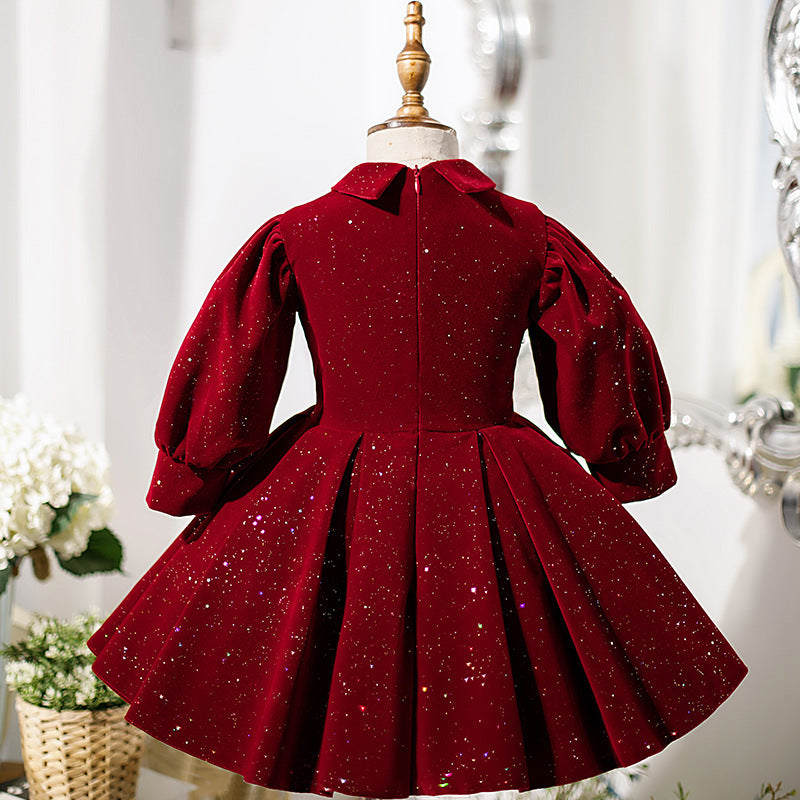 Burgundy Velvet A-Line Flower Girl Dress Collared Ruffle