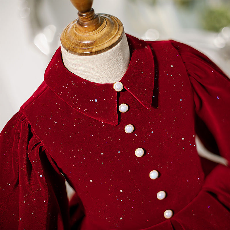 Burgundy Velvet A-Line Flower Girl Dress Collared Ruffle