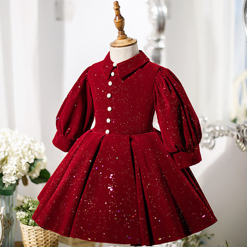 Burgundy Velvet A-Line Flower Girl Dress Collared Ruffle