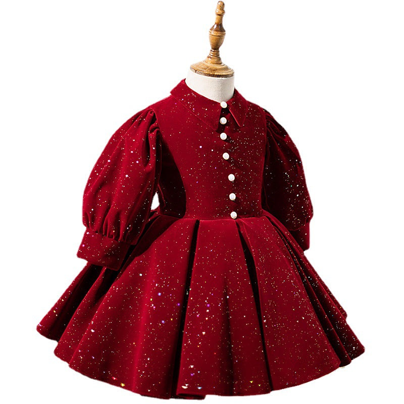 Burgundy Velvet A-Line Flower Girl Dress Collared Ruffle