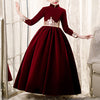 Burgundy Velvet A-Line Flower Girl Dress Lace Pleated