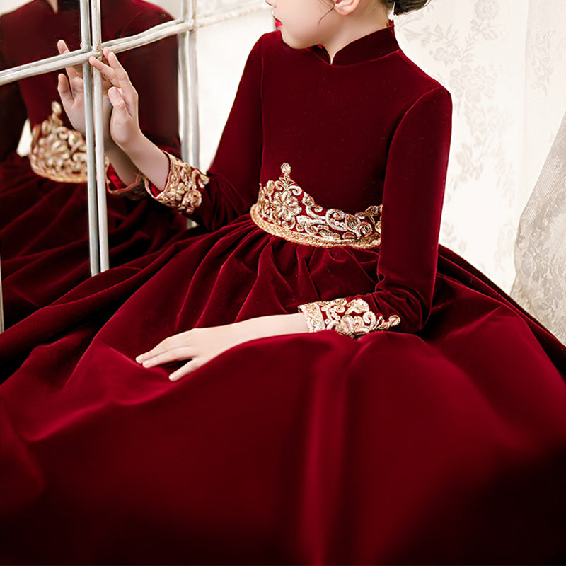 Burgundy Velvet A-Line Flower Girl Dress Lace Pleated