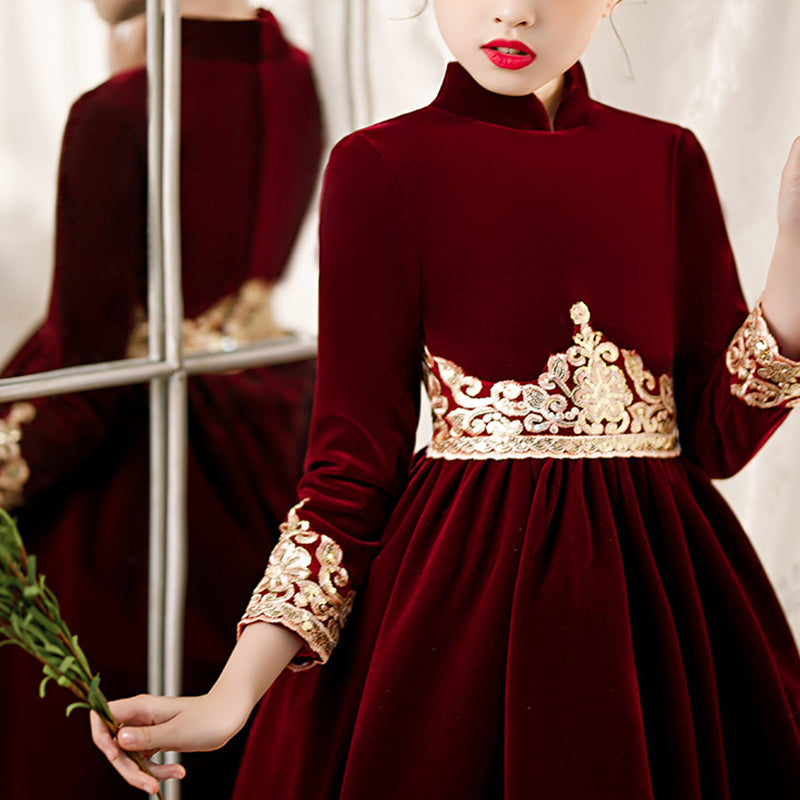 Burgundy Velvet A-Line Flower Girl Dress Lace Pleated