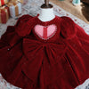 Burgundy Velvet A-Line Flower Girl Dress - Puff Long Sleeves