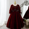 Burgundy Velvet Flower Girl Dress | Beaded Bow Sleeves