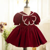 Burgundy Velvet Princess Flower Girl Dress Beaded Bow Collar