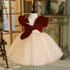Burgundy Velvet Tulle A-Line Flower Girl Dress Puff Sleeve
