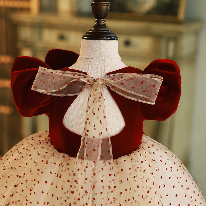 Burgundy Velvet Tulle A-Line Flower Girl Dress Puff Sleeve
