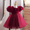Burgundy Velvet Tulle Princess Flower Girl Dress Bow Puff