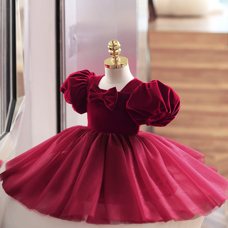 Burgundy Velvet Tulle Princess Flower Girl Dress Bow Puff