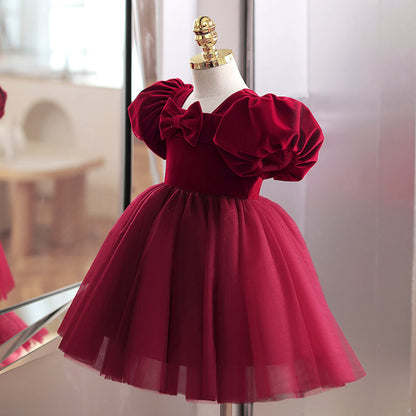 Burgundy Velvet Tulle Princess Flower Girl Dress Bow Puff