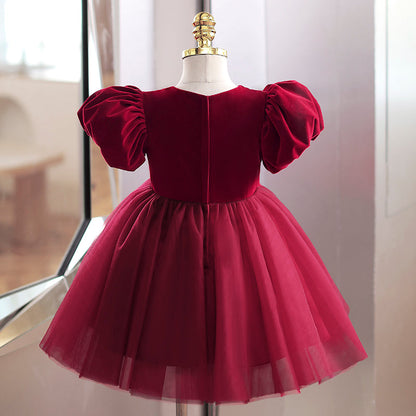 Burgundy Velvet Tulle Princess Flower Girl Dress Bow Puff