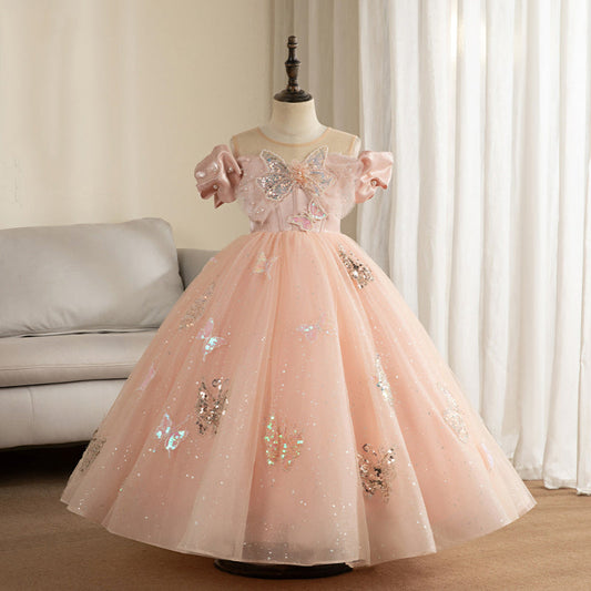 Butterfly Appliqué Sequin Tulle Ball Gown for Girls | Pink Princess Dress for Parties & Ceremonies