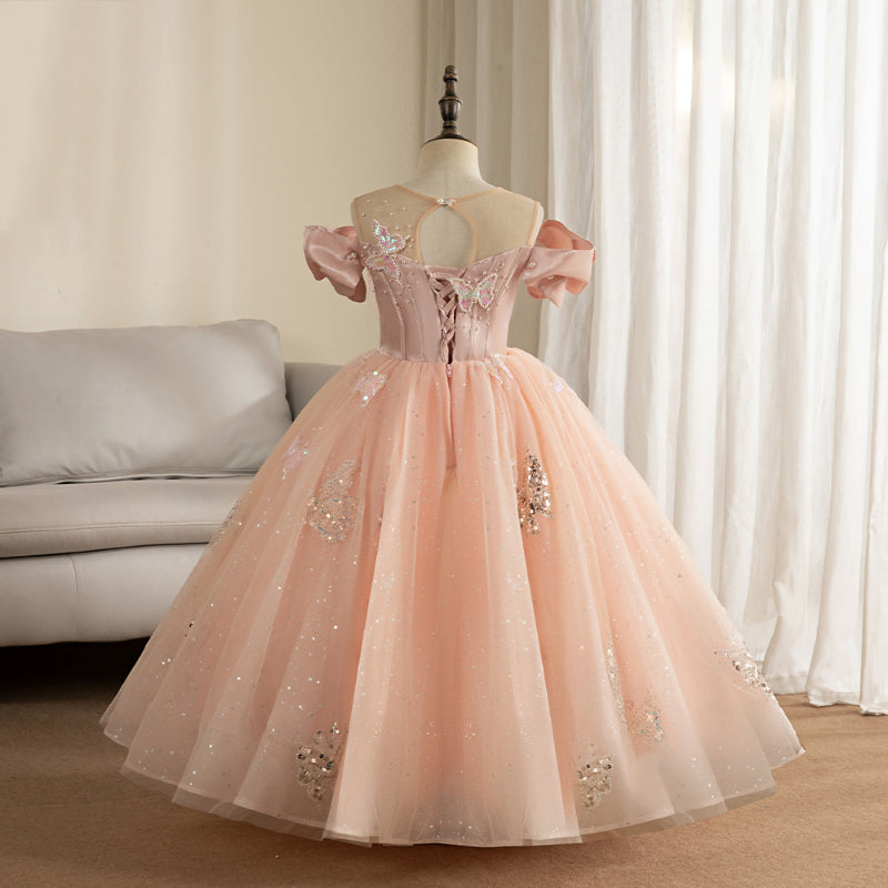 Butterfly Appliqué Sequin Tulle Ball Gown for Girls | Pink Princess Dress for Parties & Ceremonies