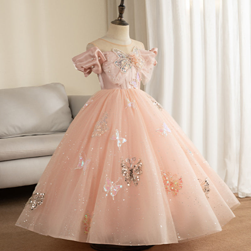 Butterfly Appliqué Sequin Tulle Ball Gown for Girls | Pink Princess Dress for Parties & Ceremonies