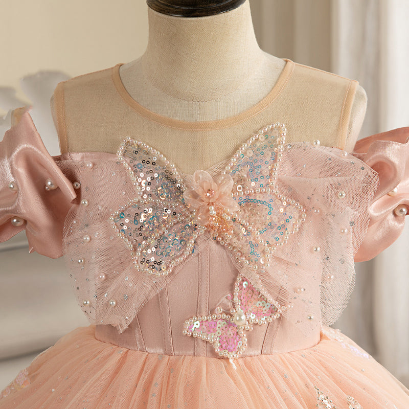 Butterfly Appliqué Sequin Tulle Ball Gown for Girls | Pink Princess Dress for Parties & Ceremonies