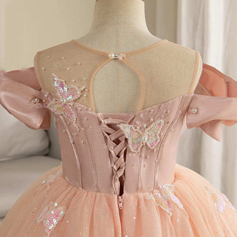 Butterfly Appliqué Sequin Tulle Ball Gown for Girls | Pink Princess Dress for Parties & Ceremonies