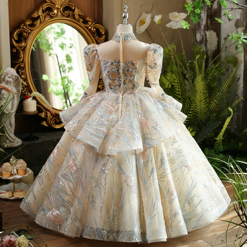 Champagne A-Line Flower Girl Dress with Lace & Cold Shoulder