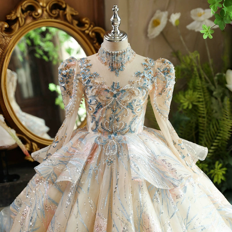 Champagne A-Line Flower Girl Dress with Lace & Cold Shoulder