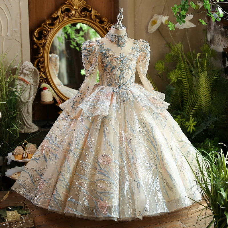 Champagne A-Line Flower Girl Dress with Lace & Cold Shoulder