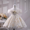 Champagne A-Line Lace Flower Girl Dress with Cold Shoulder Sleeves