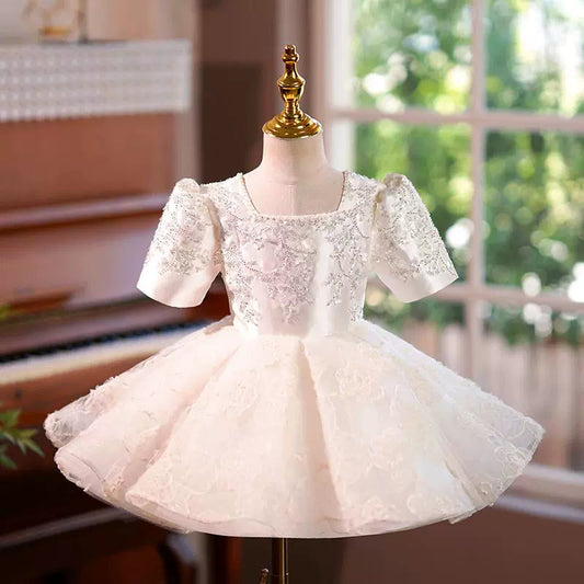 Champagne A-line Lace Flower Girl Dress with Cold Shoulders