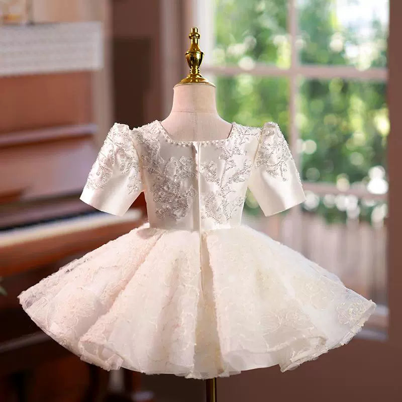 Champagne A-line Lace Flower Girl Dress with Cold Shoulders