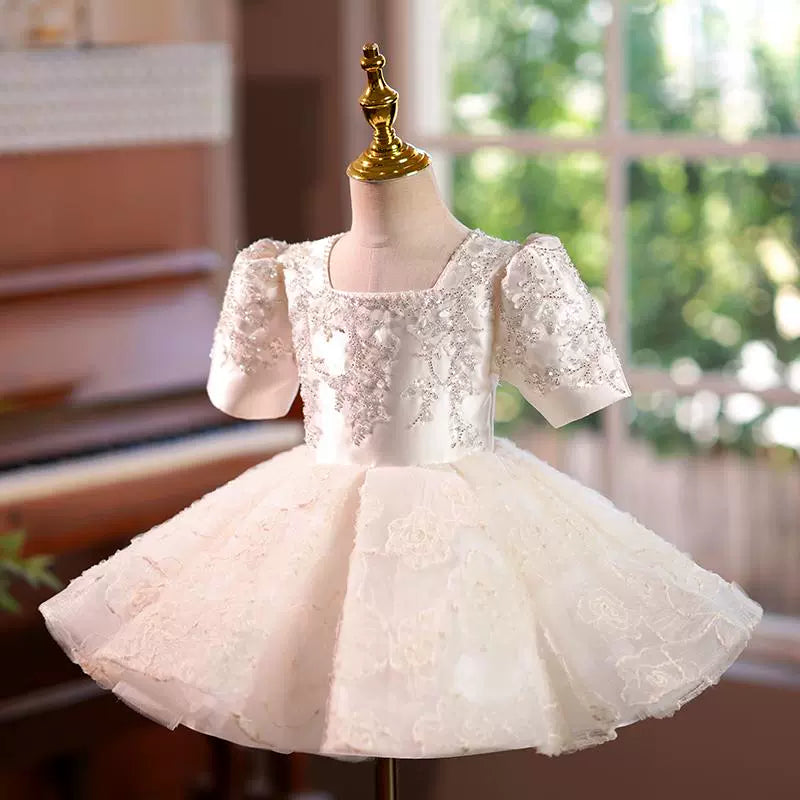 Champagne A-line Lace Flower Girl Dress with Cold Shoulders