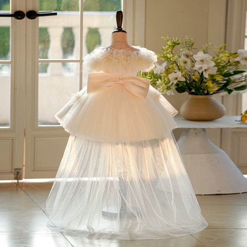 Champagne A-Line Princess Flower Girl Dress with Bows and Pleats