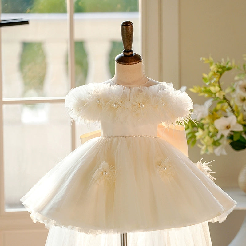 Champagne A-Line Princess Flower Girl Dress with Bows and Pleats