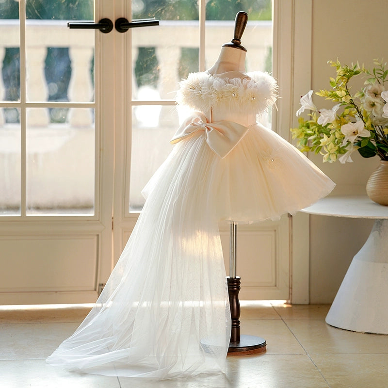 Champagne A-Line Princess Flower Girl Dress with Bows and Pleats