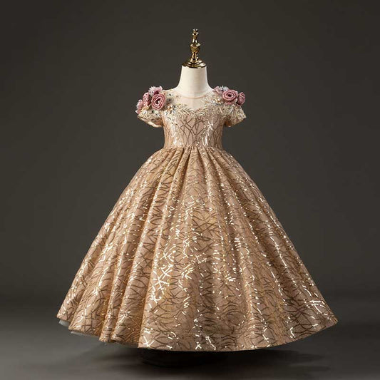 Champagne Ball Gown Flower Girl Dress – Sequin Floral Fluffy Formal Gown for Kids