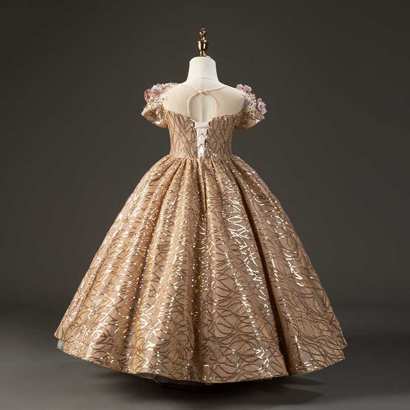 Champagne Ball Gown Flower Girl Dress – Sequin Floral Fluffy Formal Gown for Kids