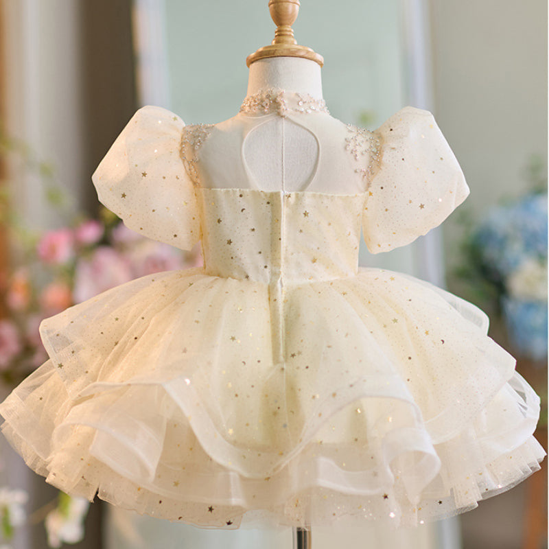 Champagne Flower Girl Dress with Lace and Puff Sleeves
