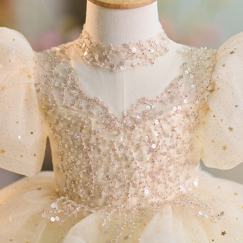 Champagne Flower Girl Dress with Lace and Puff Sleeves
