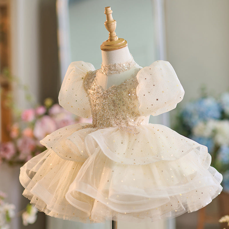 Champagne Flower Girl Dress with Lace and Puff Sleeves