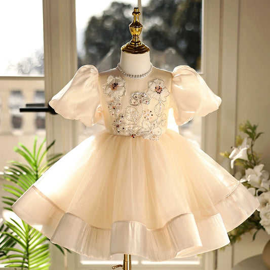  Champagne Lace Chiffon Flower Girl Dress with Bow & Puff Sleeves