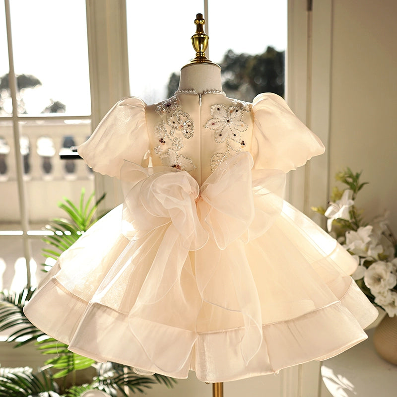  Champagne Lace Chiffon Flower Girl Dress with Bow & Puff Sleeves