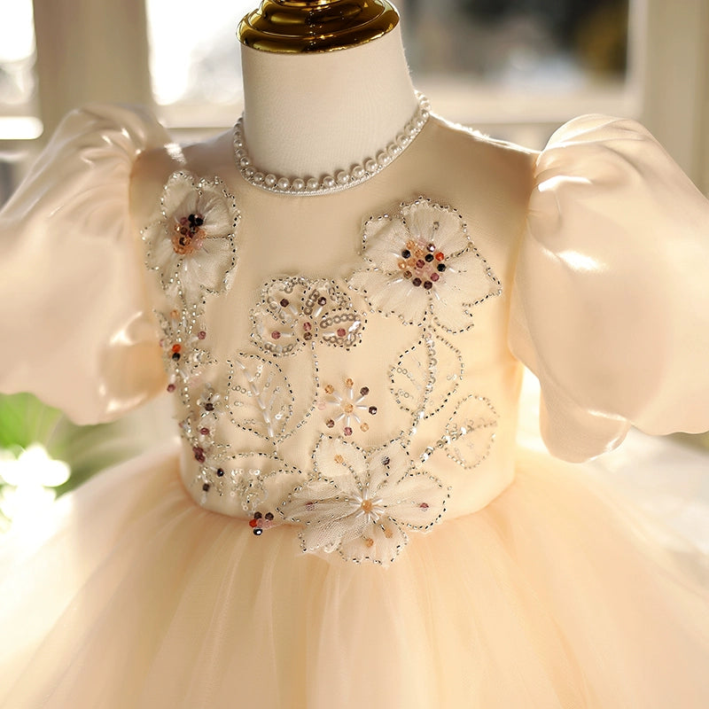  Champagne Lace Chiffon Flower Girl Dress with Bow & Puff Sleeves